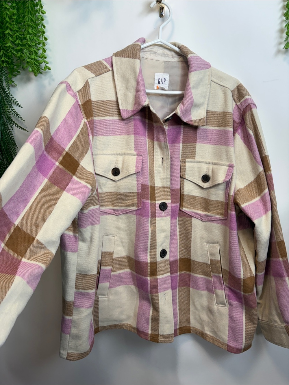 GAP Cream, Pink & Brown Plaid Utility Jacket